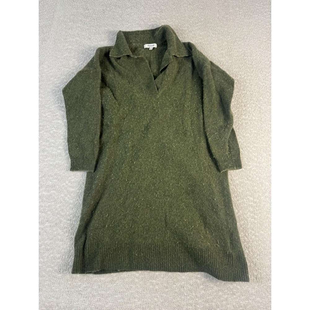 Madewell Sweater Dress Womens XS Green‎ Merino Wool Blend Collared V Neck Knit